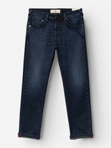 BGgiacomo BB Jeans by Blue de Gênes in blue black denim, featuring a classic five-pocket design, made from rigid denim with subtle front fading and a relaxed loose fit, displayed flat on a white background.