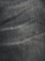 Close-up of Vinci G Dark Grey Jeans by Blue de Gênes, featuring grey denim with a visible weave texture and faded horizontal lines, crafted from comfort stretch fabric for ease of movement.