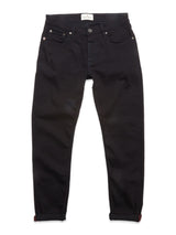 The Vinci Venom Blk Jeans - Dark Denim by Blue de Gênes are regular fit black denim jeans featuring rolled cuffs, front and back pockets, and a white label on the waistband. Crafted from comfort stretch twill, they are shown laid flat on a white background.