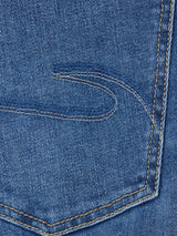 Close-up of Recco Blue Vintage Jeans - Vintage Wash by Blue de Gênes, highlighting the stitched back pocket with decorative orange and yellow seams—ideal for relaxed fit jeans crafted from comfort denim.