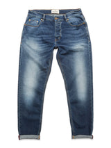 The Recco Blue Vintage Jeans - Vintage Wash by Blue de Gênes are blue comfort denim jeans with a faded wash, five pockets, rolled-up cuffs, and a button closure, displayed flat on a white background.