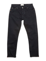 A pair of Blue de Gênes Recco BlueBlk Jeans in blue black denim with a straight-leg fit, five pockets, metallic rivets, and a button fly, laid flat on a white background.