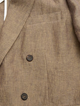 Close-up of the BGcricket Lin Blazer in Grey Mel by Blue de Gênes, showing its two black buttons and a breast pocket, with part of a white shirt collar visible at the top left.