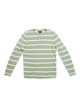 The Blue de Gênes Monte Stripe Knit - Green Bay is a long-sleeve, crew-neck shirt featuring light green and white horizontal stripes, displayed flat on a white background.
