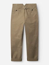 The BGliam Nebraska Chino - Brown by Blue de Gênes, crafted from khaki-colored cotton, features a high waist with a V-notch waistband and an adjustable buckle strap detail, cuffed hems, and two rear buttoned welt pockets. The trousers are displayed laid flat on a white background.