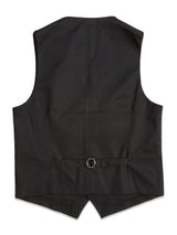 The Canna Carbonio Gillet - Black by Blue de Gênes is shown from the back, featuring a smooth, tailored fabric, fitted waistband with adjustable buckle, and a slight V-shaped bottom.