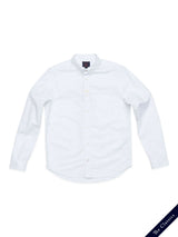 The BGsandro Oxford Shirt - White by Blue de Gênes is a classic long-sleeve shirt featuring a chest pocket and crisp collar. Made from organic cotton, it’s shown on a white background with a navy The Classics label in the lower right corner.