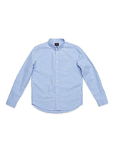 The BGsandro Oxford Shirt - Blue by Blue de Gênes, featuring a light blue color, long sleeves, a classic collar, and a front pocket, is laid flat on a white background.