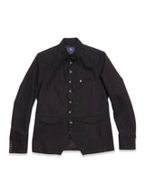 The Casella Officers Blazer - Black by Blue de Gênes is a black button-up blazer featuring a stand collar, front chest pocket, two lower flap pockets, and button detailing on the sleeves. Crafted from soft brushed cotton and inspired by classic vintage parade uniforms, it is shown laid flat against a white background.
