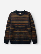 Introducing the BGrhys Knit - Dark Navy by Blue de Gênes: a vintage-inspired wool sweater in dark navy, featuring long sleeves, a crew neckline, and horizontal geometric and zigzag jacquard patterns in shades of brown, orange, and navy.