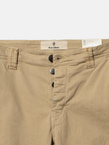 Blue de Gênes BGpaulo Pavia V3 Chino in khaki: vintage military-style trousers in enzyme-washed cotton stretch with a button-fly closure and a branded label at the inner waistband.