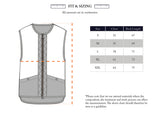 Sizing chart for the BGdand Waistcoat - Dark Navy by Blue de Gênes, displaying chest and back length measurements in centimeters for sizes S to XXL, with a labeled vest illustration indicating the measured areas.