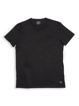 The Sagi Nuovo T-shirt by Blue de Gênes is a classic black short-sleeve tee featuring a small left chest pocket. Crafted from premium cotton in a regular fit, it’s an essential men’s wardrobe staple, shown here laid flat on a white background.