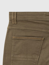 Olive green BGpaulo Pavia V3 Chino - Beech Green vintage military chinos showing the waistband, belt loops, and back pocket with topstitching in enzyme washed cotton stretch fabric.