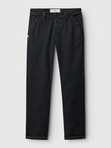 Blue de Gênes BGpaulo Pavia V3 Chino - Black in vintage-style cotton stretch, featuring a button fly, side pockets, and red-stitched cuffs.