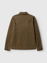 The BGbarnaba Iro Overshirt in Beech Green by Blue de Gênes is shown from the back against a plain light gray background. Workwear-inspired details, such as buttoned cuffs and visible seam accents across the shoulders and down the sleeves, add to its distinctive look. Crafted from a lyocell blend, this long-sleeve collared overshirt offers enhanced comfort and durability.