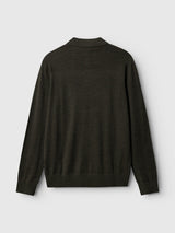 The BGigor Polo Knit in Beech Green by Blue de Gênes is displayed laid flat, facing backward, showcasing its collar and ribbed cuffs and hem against a plain white background.