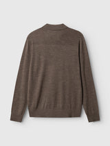 BGigor Polo Knit in Sepia Tint Brown by Blue de Gênes shown from the back, crafted in a fine-gauge knit with a subtle crew neckline and ribbed cuffs and hem, displayed against a plain white background.