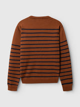 A ginger bread orange crewneck sweater, the BGdaw Stripe Knit by Blue de Gênes, featuring horizontal black stripes across the back and sleeves, displayed flat against a white background.