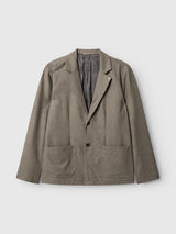 The BGFukui Wool Blazer - Grey Mel by Blue de Gênes is a relaxed fit blazer in grey melange, featuring two front pockets, two black buttons, and a notch lapel, displayed on a light gray background.