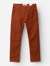 The BGpaulo Ottawa V3 Trousers in Ginger Bread Orange by Blue de Gênes, featuring a rust-toned straight-leg design with front and back pockets, belt loops, and a button closure, are laid flat on a white background.