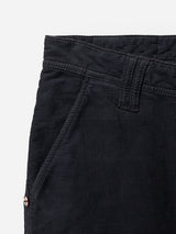 Close-up of the upper section of the Blue de Gênes BGpaulo Ottawa V3 Trousers in Dark Navy, showcasing the waistband, belt loop, and front pocket against a white background. The slim fit cut accentuates the classic style and distinctive texture of the corduroy fabric.