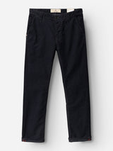A pair of BGpaulo Ottawa V3 Trousers in dark navy by Blue de Gênes, featuring a straight-leg chino silhouette crafted from soft corduroy with front pockets and a button closure, laid flat on a white background.