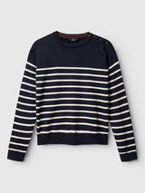 BGdaw Stripe Knit - Navy crewneck sweater featuring maritime-inspired navy blue and white stripes and a button detail at the shoulder.