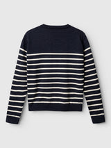 BGdaw Stripe Knit in navy blue 100% wool, featuring a crewneck design with thin white horizontal stripes on the lower body and sleeves.