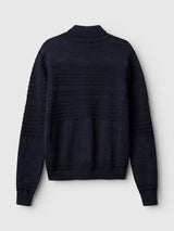 Navy blue BGstu Rollneck Knit - Navy wool sweater with textured knit patterns on the upper back and sleeves.
