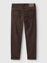 Back view of dark brown BGvinci Iro Pant - Hot Fudge Brown comfort stretch twill five-pocket pants with a rectangular brand patch on the back waistband.