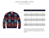 The Blue de Gênes Block Knit Cardigan - Navy Pattern, featuring navy, burgundy, and gray checks, is displayed beside a size chart with chest, sleeve, and back measurements (cm) for sizes S to XXXL.