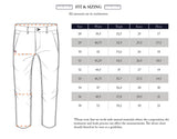 Illustration of Blue de Gênes Palto Desk Chino - Natural with a relaxed fit sizing chart from sizes 28 to 38, detailing waist, thigh, knee, and hem in centimeters. Note: Cotton/linen blend material may vary in size.