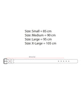 Illustration of the Suede Belt - Navy by Blue de Gênes, showing sizes: Small (85 cm), Medium (90 cm), Large (95 cm), X-Large (105 cm). Handmade in Italy from Italian leather, it features a left-side buckle and adjustable holes. A red line indicates measurement.