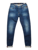 The Repi Dragon Dark Used Jeans by Blue de Gênes in denim blue have a button and zip closure, thigh distressing, and rolled cuffs. Made from comfort stretch denim, these regular slim-fit jeans feature five pockets with contrast stitching and are displayed flat on a white background.