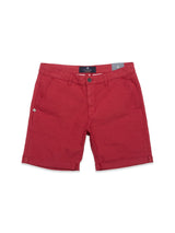 The Teo Milano Shorts in Havana Red from Blue de Gênes feature a chic black waistband label, button closure, side pockets, and visible seams. Displayed on a white background, these vibrant denim shorts perfectly blend style and functionality for any casual outing.