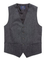 The Blue de Gênes Canna Dori Gilet - Grey Stripe boasts Portuguese tailoring with a V-neck design, crafted from an Italian cotton-wool blend. It features five dark buttons and two small pockets for a classic, formal look.