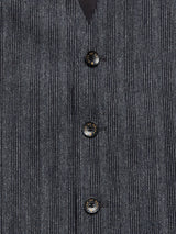 This close-up showcases a Blue de Gênes Canna Dori Gilet in a grey stripe Italian cotton-wool blend. The vest features four black buttons with gold sun-like designs, and its textured fabric, expertly tailored in Portugal, offers a slight sheen.