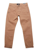 The Menzo Dobby Chino - Brownie by Blue de Gênes has a vintage slim-fit, comfort stretch, front and back pockets, belt loops, button closure, and slightly rolled cuffs for added style.