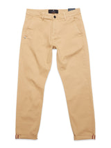 The Menzo Dobby Chino - Khaki by Blue de Gênes offers a vintage look with comfort stretch. It features a button and zipper closure, two front and back pockets, and is styled laid flat with slightly folded cuffs at the ankles.