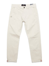 Stone Menzo Dobby Chino by Blue de Gênes offers a vintage look with button and zipper closure, adjustable waistband, side pockets, slightly rolled cuffs, comfort stretch fabric, and a small emblem near the pocket.