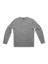 The Monte AW Knit - Stormy Grey by Blue de Gênes is a gray long-sleeve crewneck jumper made from soft knit fabric, featuring a textured look as it rests against a white background.