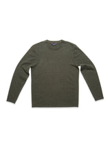 The Monte AW Knit - Forest by Blue de Gênes is an olive green crewneck jumper made from soft Merino wool knit fabric, featuring long sleeves elegantly showcased against a white background to highlight its simple and classic design.