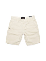 Beige Abramo Desk Shorts - Natural by Blue de Gênes, crafted from a cotton/linen blend, feature belt loops, side pockets, an embroidered logo on the left pocket, and a button and zipper closure for easy wear.