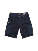 The Paulino Cargo Shorts - Navy by Blue de Gênes are crafted from durable military cotton with utility pockets, including two large side pockets with button flaps. They feature a button and zipper closure and belt loops for a secure fit.