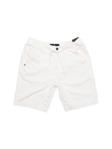 The Crivello Cord Shorts - Snow White by Blue de Gênes are loose-fit with a drawstring waistband and single button closure. Made of garment-dyed cotton corduroy, they feature side pockets, small embroidery near one pocket, and are shown on a plain white background.