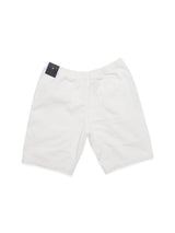 Crivello Cord Shorts - Snow White by Blue de Gênes, feature an elastic waistband, back pocket, and small black tag. Garment-dyed for a comfortable, loose fit on a plain white background, theyre ideal for casual outings.
