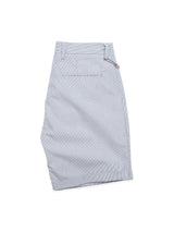 The Elak Riga Shorts from Blue de Gênes are crafted in fine line cotton with a light blue pinstripe pattern. Featuring a back pocket and embroidered logo, these relaxed-fit shorts have a zipper and clasp fastening at the waistband for easy style.