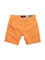 The Menzino Shorts - Apricot by Blue de Gênes feature a button and zipper closure, crafted from herringbone fabric. They come with two side pockets, belt loops, an embroidered design near the left pocket, garment-dyed style, and waistband labels for added flair.