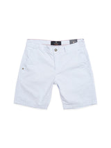 Menzino Shorts - Blue Water from Blue de Gênes are light blue mens chino shorts featuring side pockets, an embroidered emblem on the left pocket, and crafted from herringbone fabric. They include a button and zip closure, belt loops, and a black inner waistband.